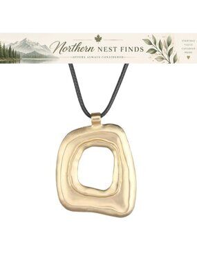 Faux Leather Necklace Gold-Tone Abstract Wooden Pendant Long Choker Boho